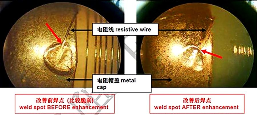 傳統焊點結構（左）與專利強化結構（右）之比較，說明兩者在焊點覆蓋範圍與保護電鍍配置上的差異。